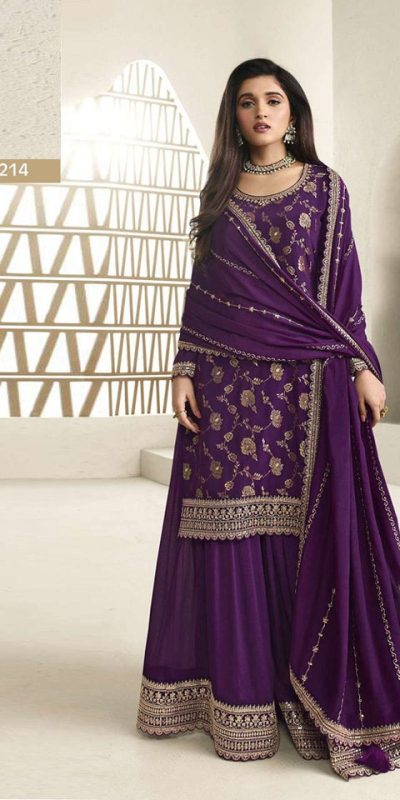 Superb Purple Color Jacquard Silk Chinon Multi Work Salwar Suit