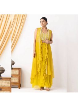 Superb Yellow Color Georgette Beads Sequence Work Lace Dhoti Suit