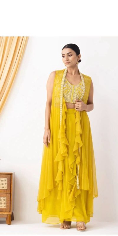 Superb Yellow Color Georgette Beads Sequence Work Lace Dhoti Suit