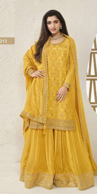 Superb Yellow Color Jacquard Silk Chinon Multi Work Salwar Suit