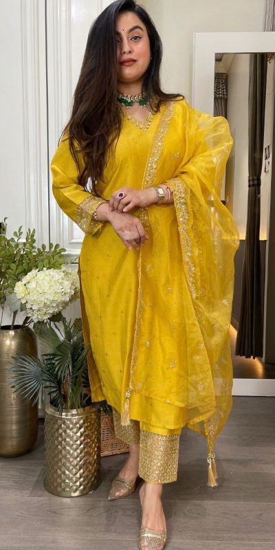 Superb Yellow Color Roman Silk Sequence With Mirror Work Salwar Suit