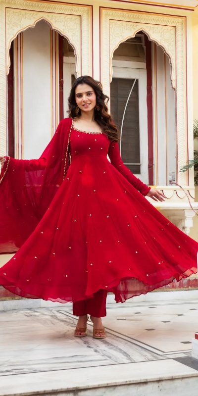 Traditional Red Color Georgette Handwork Real Diamond Salwar Suit