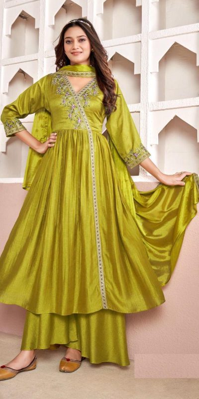 Trendy Light Yellow Color Vichitra Silk Embroidery Work Salwar Suit