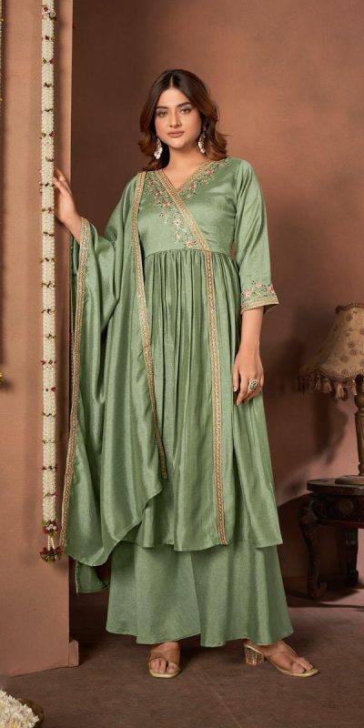 Trendy Pista Color Vichitra Silk Embroidery Work Salwar Suit