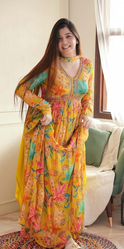 Women's Yellow Color Foix Georgette Sequence Work With Ruffle Gown