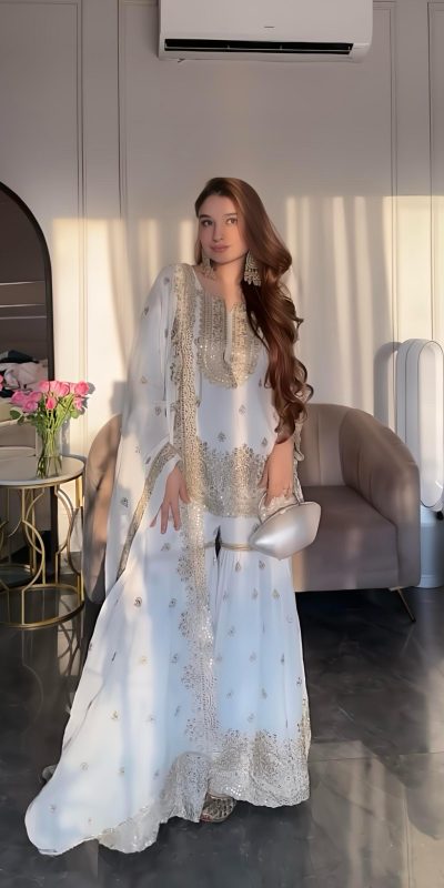 Wonderful White Color Chinon Silk Embroidery Sequence Work Salwar Suit