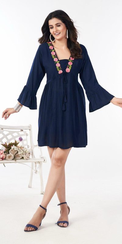 Fancy Navy Blue Color Rayon Heavy Embroidery Work Kurti