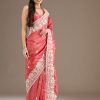 Stylist Peach Color Gold Crush Sequins Work Fancy Border Saree