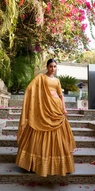 Mustard Chanderi Plain With Zari Weaving Work Border Lehenga Choli