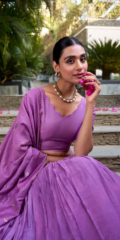 Purple Chanderi Plain With Zari Weaving Work Border Lehenga Choli