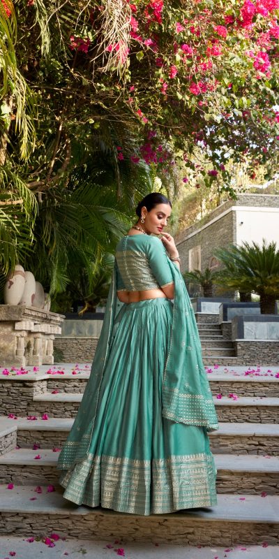 Sea Green Chanderi Plain With Zari Weaving Work Border Lehenga Choli