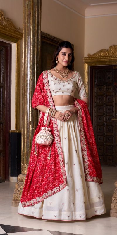 Off White Vichitra Silk Sequins Lehenga Choli