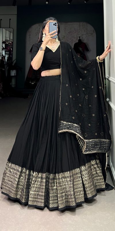 LNB 1906 Black Color Pure Chanderi Plain With Zari Weaving Work Border Lehenga Choli Wedding, Party, Festive, Events Etc. Delivery 4-6 Working Days Rs 1999 | Lehenga, Bollywood Lehenga, Creative Lehenga, Designer Lehenga, Embroidered Lehenga, Party Wear Lehenga