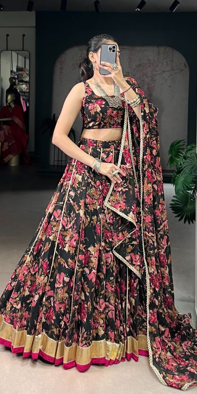 LNB 1672 Black Color Chiffon Floral Print Foil Print Embossed Design Lehenga Choli Wedding, Party, Festive, Events Etc. Delivery 4-6 Working Days Rs 3499 | Lehenga, Bollywood Lehenga, Creative Lehenga, Designer Lehenga, Embroidered Lehenga, Party Wear Lehenga