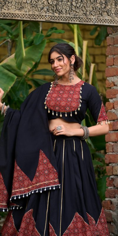 LNB 1671 Black Color Pure Cotton Plain Printed Mirror Work Gota Patti Lehenga Choli Wedding, Party, Festive, Events Etc. Delivery 4-6 Working Days Rs 3999 | Lehenga, Bollywood Lehenga, Creative Lehenga, Designer Lehenga, Embroidered Lehenga, Party Wear Lehenga