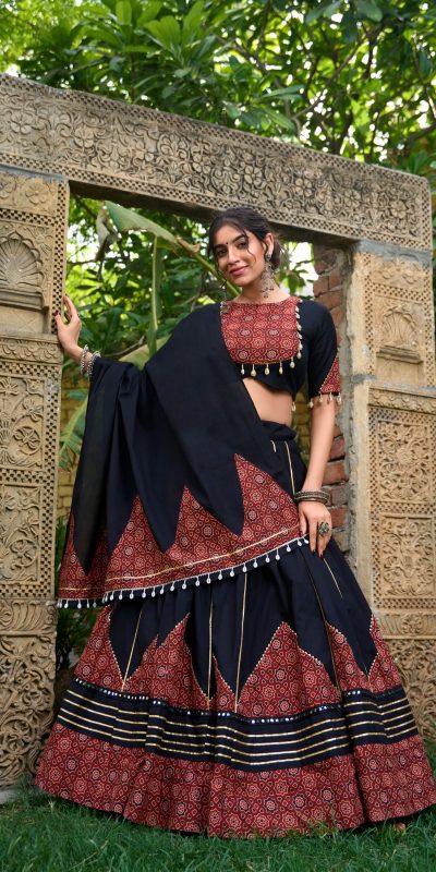 LNB 1671 Black Color Pure Cotton Plain Printed Mirror Work Gota Patti Lehenga Choli Wedding, Party, Festive, Events Etc. Delivery 4-6 Working Days Rs 3999 | Lehenga, Bollywood Lehenga, Creative Lehenga, Designer Lehenga, Embroidered Lehenga, Party Wear Lehenga