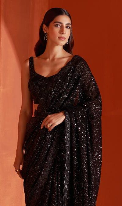 DF 3440 Black Color Georgette 3mm Khichdi Sequence Embroidery Work Saree Casual, Wedding, Festive, Events . Expected Delivery 4-6 Working Days @1799/- only | Sarees, Bollywood Sarees, Creative Sarees, Designer Sarees, Embroidered Sarees, Ethnic Saree, Modern Digital sarees, Party Wear Sarees