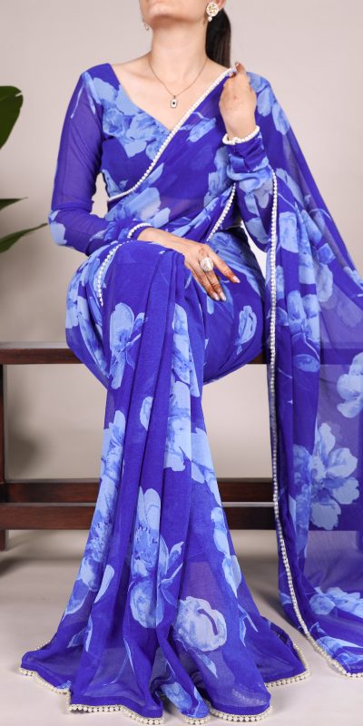 YNF 7011 Blue Color Chiffon Foral Printed Pearl Lace Border Saree Casual, Wedding, Festive, Events . Expected Delivery 4-6 Working Days @1499/- only | Sarees, Bollywood Sarees, Creative Sarees, Designer Sarees, Embroidered Sarees, Ethnic Saree, Modern Digital sarees, Party Wear Sarees
