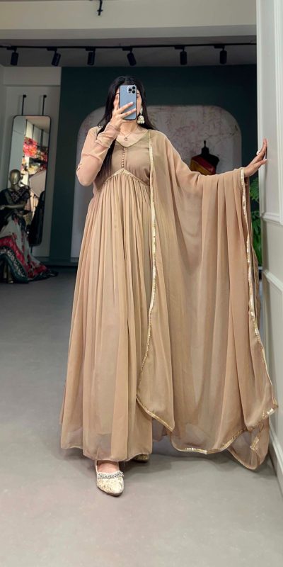 YNF 5102 Chiku Color Georgette Plain Sequins Embroidery Lace Gown Casual, Wedding, Festive, Events . Expected Delivery  4-6 Working Days @1749/- only      | Gowns, Bollywood Gowns, Creative Gowns, Designer Gowns, Embroidered Gowns, Party Wear Gowns