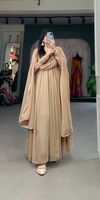 YNF 5102 Chiku Color Georgette Plain Sequins Embroidery Lace Gown Casual, Wedding, Festive, Events . Expected Delivery 4-6 Working Days @1749/- only | Gowns, Bollywood Gowns, Creative Gowns, Designer Gowns, Embroidered Gowns, Party Wear Gowns