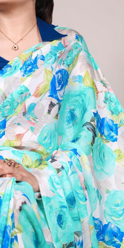 YNF 7017 Firozi Color Dull Satin Floral Printed Saree Casual, Wedding, Festive, Events . Expected Delivery 4-6 Working Days @1499/- only | Sarees, Bollywood Sarees, Creative Sarees, Designer Sarees, Embroidered Sarees, Ethnic Saree, Modern Digital sarees, Party Wear Sarees