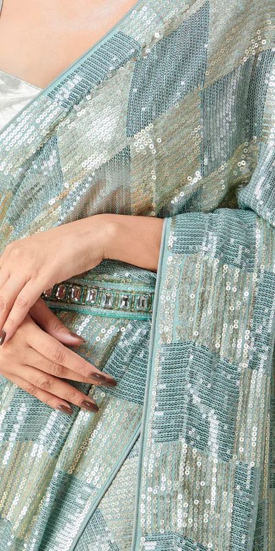 DF 3426 Firozi Color Georgette 5MM Sequins Embroidery Work Saree Casual, Wedding, Festive, Events . Expected Delivery 4-6 Working Days @1749/- only | Sarees, Bollywood Sarees, Creative Sarees, Designer Sarees, Embroidered Sarees, Ethnic Saree, Modern Digital sarees, Party Wear Sarees