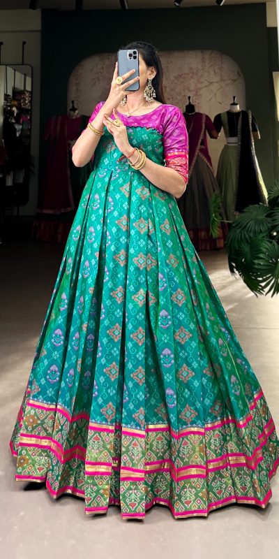 YNF 5308 Firozi Color Jacquard Silk Patola Print Zari Weaving Work Gown Casual, Wedding, Festive, Events . Expected Delivery 4-6 Working Days @2149/- only | Gowns, Bollywood Gowns, Creative Gowns, Designer Gowns, Embroidered Gowns, Party Wear Gowns