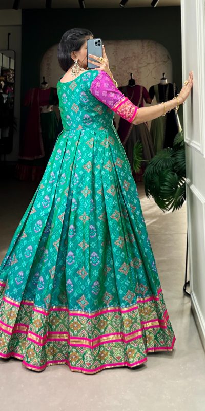 YNF 5308 Firozi Color Jacquard Silk Patola Print Zari Weaving Work Gown Casual, Wedding, Festive, Events . Expected Delivery 4-6 Working Days @2149/- only | Gowns, Bollywood Gowns, Creative Gowns, Designer Gowns, Embroidered Gowns, Party Wear Gowns