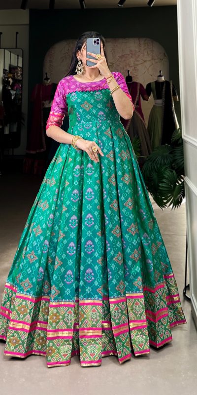 YNF 5308 Firozi Color Jacquard Silk Patola Print Zari Weaving Work Gown Casual, Wedding, Festive, Events . Expected Delivery 4-6 Working Days @2149/- only | Gowns, Bollywood Gowns, Creative Gowns, Designer Gowns, Embroidered Gowns, Party Wear Gowns