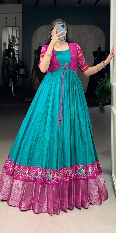 YNF 5028 Firozi Color Tasar Chex Patola With Weaving Work Border Gown Casual, Wedding, Festive, Events . Expected Delivery  4-6 Working Days @1799/- only      | Gowns, Bollywood Gowns, Creative Gowns, Designer Gowns, Embroidered Gowns, Party Wear Gowns