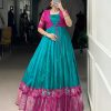 YNF 5028 Firozi Color Tasar Chex Patola With Weaving Work Border Gown Casual, Wedding, Festive, Events . Expected Delivery  4-6 Working Days @1799/- only      | Gowns, Bollywood Gowns, Creative Gowns, Designer Gowns, Embroidered Gowns, Party Wear Gowns