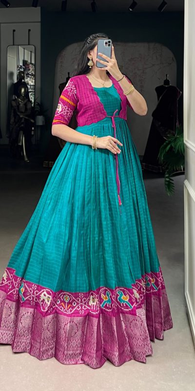 YNF 5028 Firozi Color Tasar Chex Patola With Weaving Work Border Gown Casual, Wedding, Festive, Events . Expected Delivery 4-6 Working Days @1799/- only | Gowns, Bollywood Gowns, Creative Gowns, Designer Gowns, Embroidered Gowns, Party Wear Gowns
