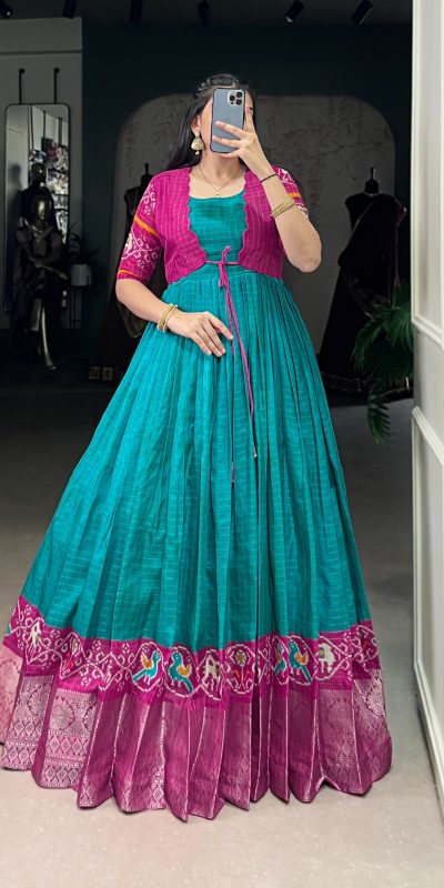 YNF 5028 Firozi Color Tasar Chex Patola With Weaving Work Border Gown Casual, Wedding, Festive, Events . Expected Delivery 4-6 Working Days @1799/- only | Gowns, Bollywood Gowns, Creative Gowns, Designer Gowns, Embroidered Gowns, Party Wear Gowns