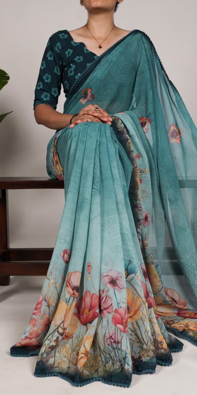 YNF 7009 Green Color Georgette Floral Print With Lace Border Saree Casual, Wedding, Festive, Events . Expected Delivery 4-6 Working Days @1299/- only | Sarees, Bollywood Sarees, Creative Sarees, Designer Sarees, Embroidered Sarees, Ethnic Saree, Modern Digital sarees, Party Wear Sarees