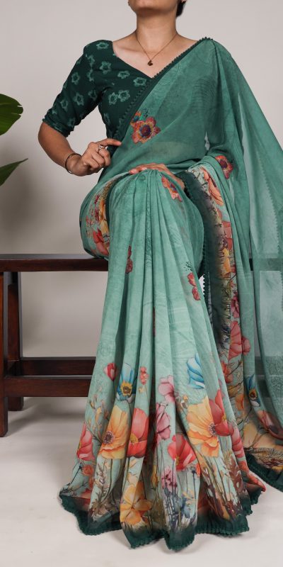 YNF 7009 Green Color Georgette Floral Print With Lace Border Saree Casual, Wedding, Festive, Events . Expected Delivery 4-6 Working Days @1299/- only | Sarees, Bollywood Sarees, Creative Sarees, Designer Sarees, Embroidered Sarees, Ethnic Saree, Modern Digital sarees, Party Wear Sarees