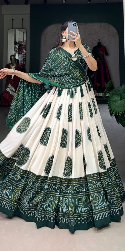 LNB 1229 Green Color Tasar Silk Bandhej Print Lehenga Choli Wedding, Party, Festive, Events Etc. Delivery 4-6 Working Days Rs 2249 | Lehenga, Bollywood Lehenga, Creative Lehenga, Designer Lehenga, Embroidered Lehenga, Party Wear Lehenga