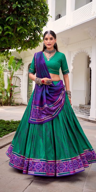 LNB 1250 Green Color Tasar Silk Bandhej Print With Gotta Patti Lace Lehenga Choli Festive Party Wedding, Events etc. Delivery 4-6 Working Days @2149/- | Lehenga, Bollywood Lehenga, Creative Lehenga, Designer Lehenga, Embroidered Lehenga, Party Wear Lehenga