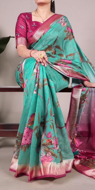 YNF 7024 Green Color Tussar Silk With Viscose Border Floral Printed Saree Casual, Wedding, Festive, Events . Expected Delivery 4-6 Working Days @1699/- only | Sarees, Bollywood Sarees, Creative Sarees, Designer Sarees, Embroidered Sarees, Ethnic Saree, Modern Digital sarees, Party Wear Sarees