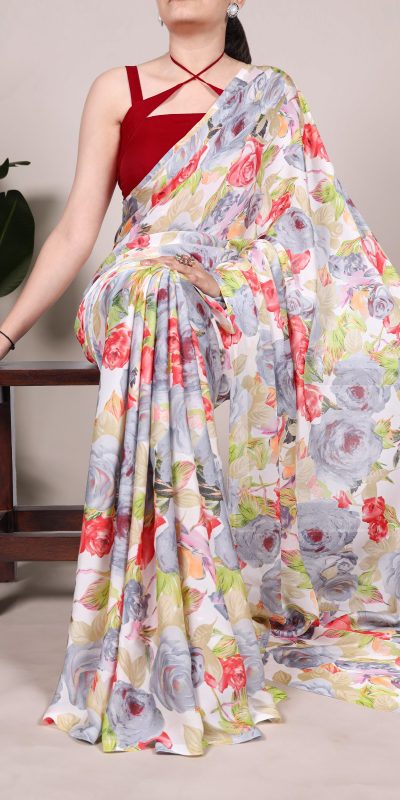 YNF 7017 Grey Color Dull Satin Floral Printed Saree Casual, Wedding, Festive, Events . Expected Delivery 4-6 Working Days @1499/- only | Sarees, Bollywood Sarees, Creative Sarees, Designer Sarees, Embroidered Sarees, Ethnic Saree, Modern Digital sarees, Party Wear Sarees