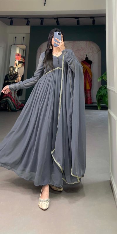 YNF 5102 Grey Color Georgette Plain Sequins Embroidery Lace Gown Casual, Wedding, Festive, Events . Expected Delivery  4-6 Working Days @1749/- only      | Gowns, Bollywood Gowns, Creative Gowns, Designer Gowns, Embroidered Gowns, Party Wear Gowns