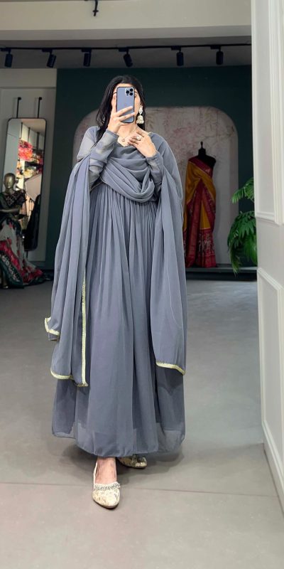YNF 5102 Grey Color Georgette Plain Sequins Embroidery Lace Gown Casual, Wedding, Festive, Events . Expected Delivery 4-6 Working Days @1749/- only | Gowns, Bollywood Gowns, Creative Gowns, Designer Gowns, Embroidered Gowns, Party Wear Gowns
