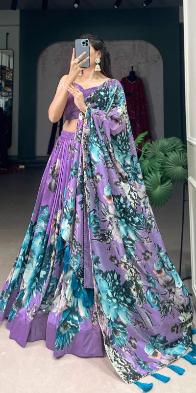 LNB 1225 Lavender Color Tasar Silk Floral Print With Lace Touch Up Lehenga Choli Wedding, Party, Festive, Events Etc. Delivery 4-6 Working Days Rs 2449 | Lehenga, Bollywood Lehenga, Creative Lehenga, Designer Lehenga, Embroidered Lehenga, Party Wear Lehenga