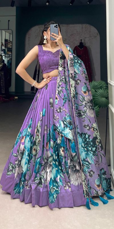 LNB 1225 Lavender Color Tasar Silk Floral Print With Lace Touch Up Lehenga Choli Wedding, Party, Festive, Events Etc. Delivery 4-6 Working Days Rs 2449 | Lehenga, Bollywood Lehenga, Creative Lehenga, Designer Lehenga, Embroidered Lehenga, Party Wear Lehenga