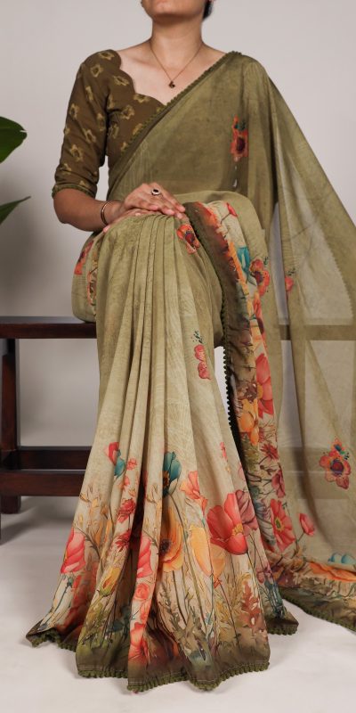 YNF 7009 Mahendi Color Georgette Floral Print With Lace Border Saree Casual, Wedding, Festive, Events . Expected Delivery 4-6 Working Days @1299/- only | Sarees, Bollywood Sarees, Creative Sarees, Designer Sarees, Embroidered Sarees, Ethnic Saree, Modern Digital sarees, Party Wear Sarees