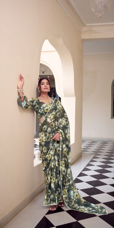 YNF 7042 Mehandi Color Weightless Marbal Floral Printed Lace Border Saree Casual, Wedding, Festive, Events . Expected Delivery  4-6 Working Days @1549/- only                                                                                | Sarees, Bollywood Sarees, Creative Sarees, Designer Sarees, Embroidered Sarees, Ethnic Saree, Modern Digital sarees, Party Wear Sarees