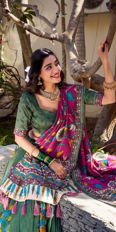 LNB 1236 Mehendi Color Tasar Silk Kalamkari Print With Foil Work Lehenga Choli Wedding, Party, Festive, Events Etc. Delivery 4-6 Working Days Rs 2449 | Lehenga, Bollywood Lehenga, Creative Lehenga, Designer Lehenga, Embroidered Lehenga, Party Wear Lehenga