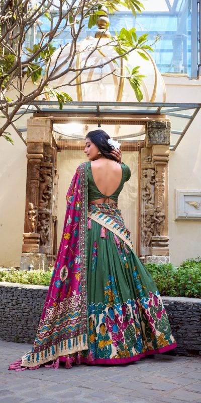 LNB 1236 Mehendi Color Tasar Silk Kalamkari Print With Foil Work Lehenga Choli Wedding, Party, Festive, Events Etc. Delivery 4-6 Working Days Rs 2449 | Lehenga, Bollywood Lehenga, Creative Lehenga, Designer Lehenga, Embroidered Lehenga, Party Wear Lehenga