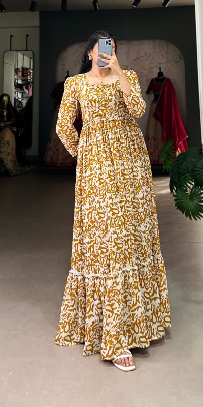 YNF 5016 Mustard Color Georgette Plain Sequins Embroidery Lace Gown Casual, Wedding, Festive, Events . Expected Delivery  4-6 Working Days @1599/- only      | Gowns, Bollywood Gowns, Creative Gowns, Designer Gowns, Embroidered Gowns, Party Wear Gowns
