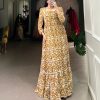 YNF 5016 Mustard Color Georgette Plain Sequins Embroidery Lace Gown Casual, Wedding, Festive, Events . Expected Delivery  4-6 Working Days @1599/- only      | Gowns, Bollywood Gowns, Creative Gowns, Designer Gowns, Embroidered Gowns, Party Wear Gowns