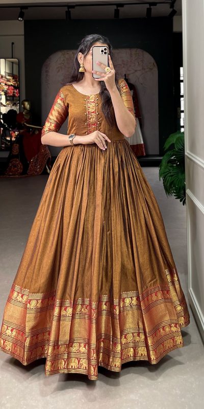 YNF 5316 Mustard Color Narayan pet (cotton) Zari weaving work Gown Casual, Wedding, Festive, Events . Expected Delivery 4-6 Working Days @1799/- only | Gowns, Bollywood Gowns, Creative Gowns, Designer Gowns, Embroidered Gowns, Party Wear Gowns
